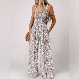 Boho Shirred Floral Wide Leg Jumpsuit With Pockets
